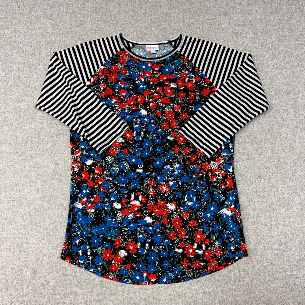 LuLaRoe Randy Baseball Tee Size Large Floral Striped Mixed Print Raglan Shirt